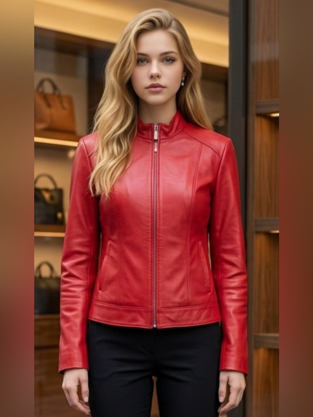 Women's Red Leather Zip-Front Jacket